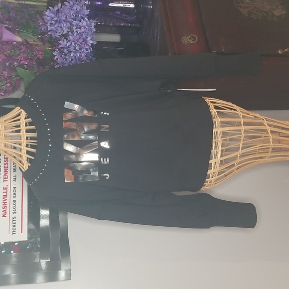 Dkny Tops - DKNY Jeans Medium Black and Silver Embellished Long Sleeve Cropped Sweater